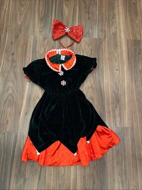 Kids Green and Red Peppermint Elf Costume with Sparkle Bow sequin headband M